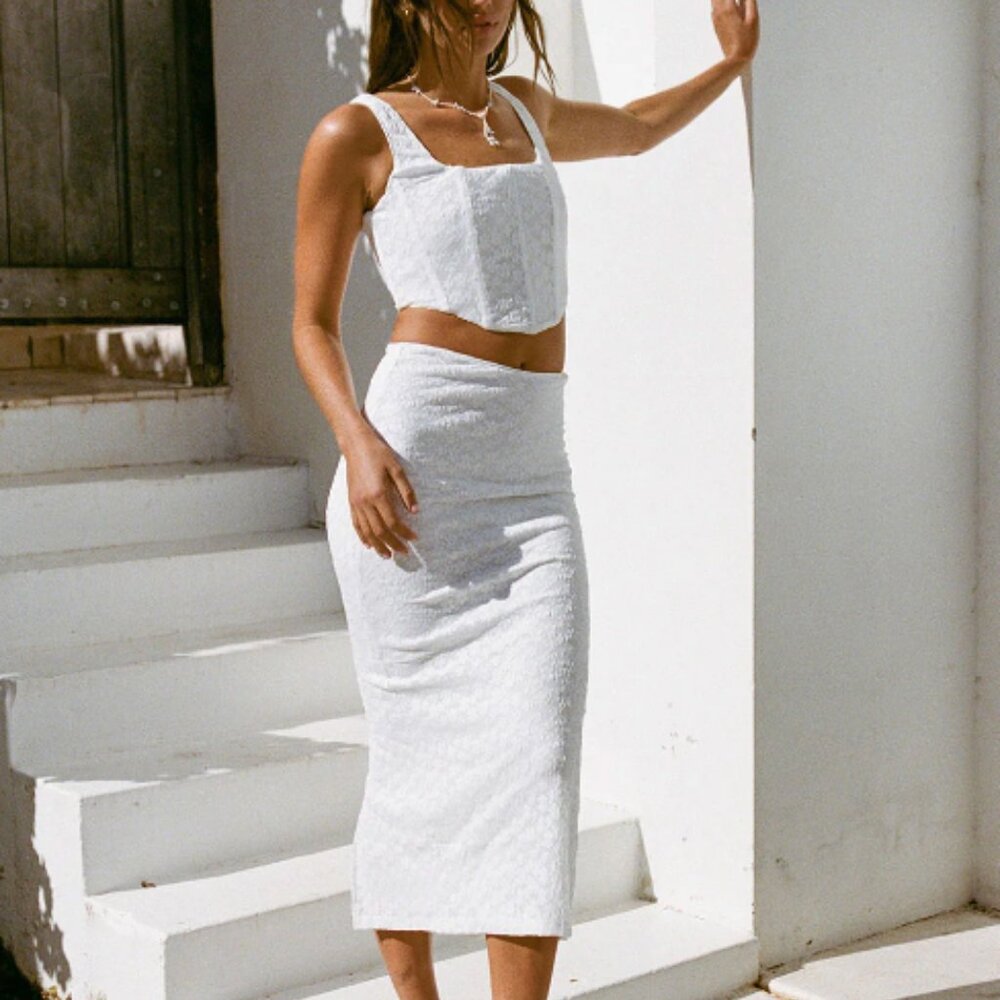 Sabo Skirt White Two-Piece Textured Crop Top and Midi Skirt Set